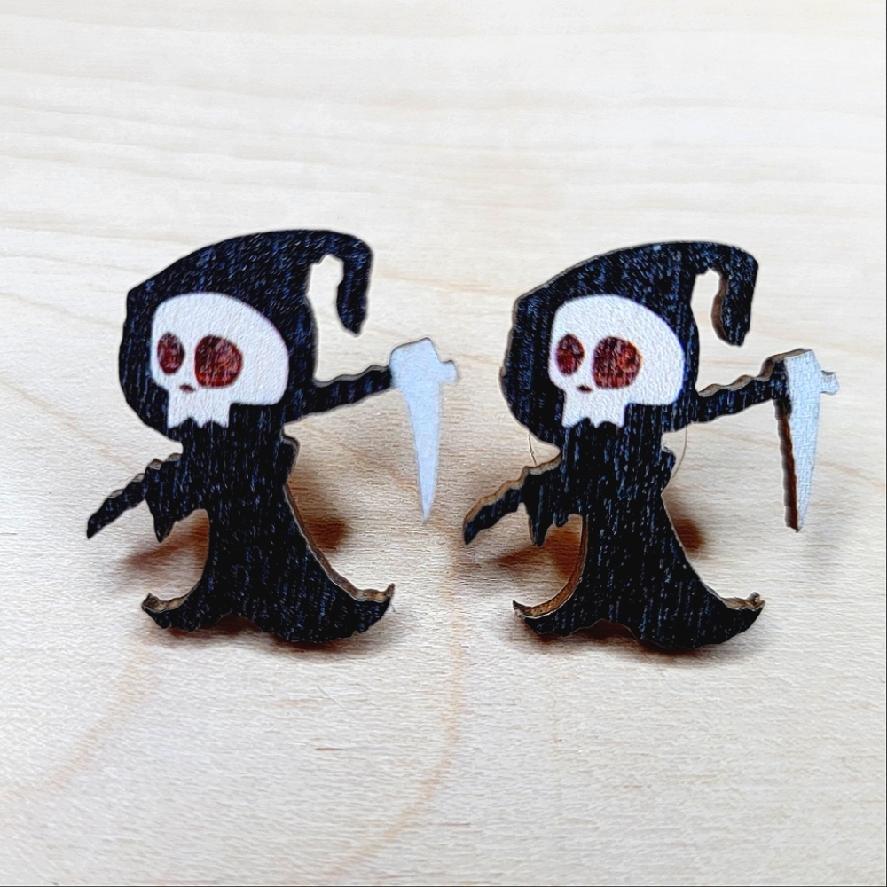 Grim Reaper with Scythe, Wood Stud Earrings